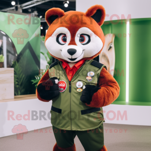 Olive Red Panda mascot costume character dressed with a Bomber Jacket and Tie pins