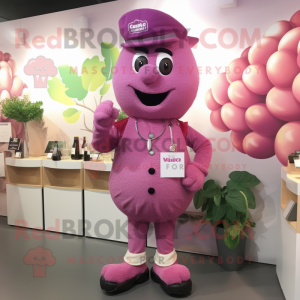 Pink Grape mascot costume character dressed with a Waistcoat and Messenger bags