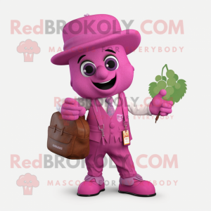 Pink Grape mascot costume character dressed with a Waistcoat and Messenger bags