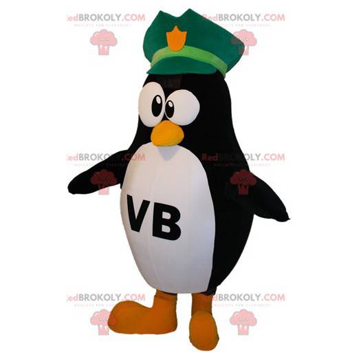 Mascote pinguim preto e branco com chapéu de policial -