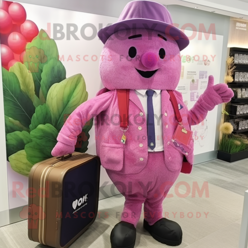 Pink Grape mascot costume character dressed with a Waistcoat and Messenger bags Pink Grape mascot costume character dressed with a Waistcoat and Messenger bags