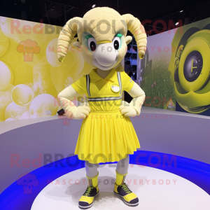 Lemon Yellow Ram mascot costume character dressed with a Mini Skirt and Bracelets