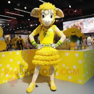 Lemon Yellow Ram mascot costume character dressed with a Mini Skirt and Bracelets