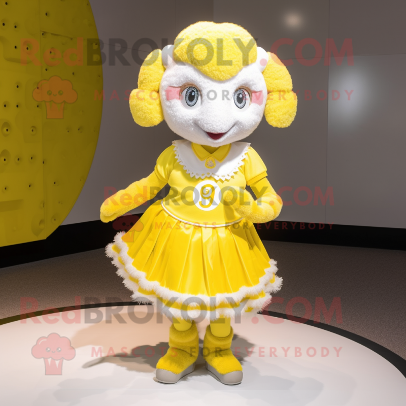 Lemon Yellow Ram mascot costume character dressed with a Mini Skirt and Bracelets