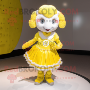 Lemon Yellow Ram mascot costume character dressed with a Mini Skirt and Bracelets