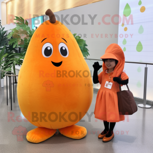 Orange Pear mascot costume character dressed with a Shift Dress and Messenger bags