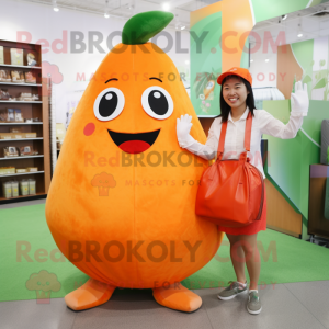 Orange Pear mascot costume character dressed with a Shift Dress and Messenger bags