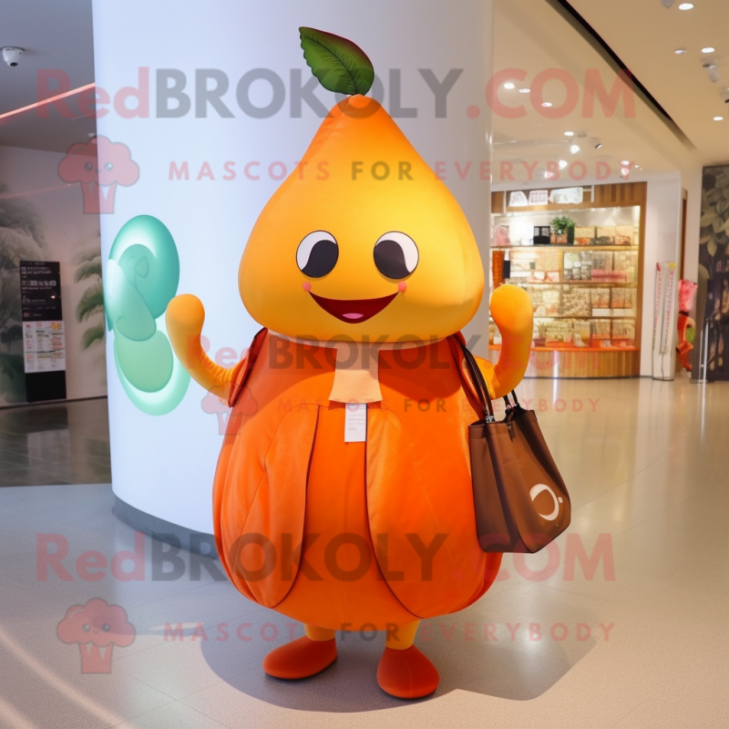 Orange Pear mascot costume character dressed with a Shift Dress and Messenger bags