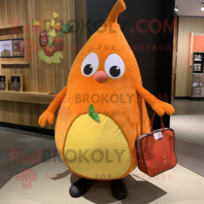 Orange Pear mascot costume character dressed with a Shift Dress and Messenger bags