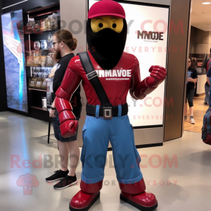 Maroon Gi Joe mascot costume character dressed with a Boyfriend Jeans and Messenger bags