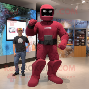 Maroon Gi Joe mascot costume character dressed with a Boyfriend Jeans and Messenger bags