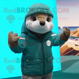 Teal Otter mascot costume character dressed with a Parka and Beanies