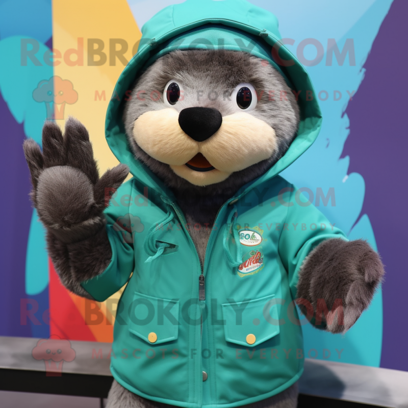 Teal Otter mascot costume character dressed with a Parka and Beanies