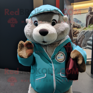 Teal Otter mascot costume character dressed with a Parka and Beanies