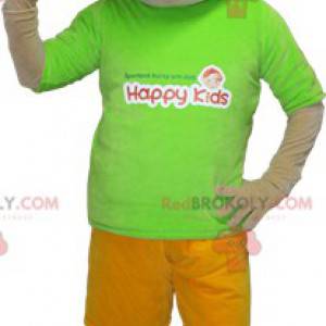Mascotte de jeune garçon avec une tenue verte et jaune -