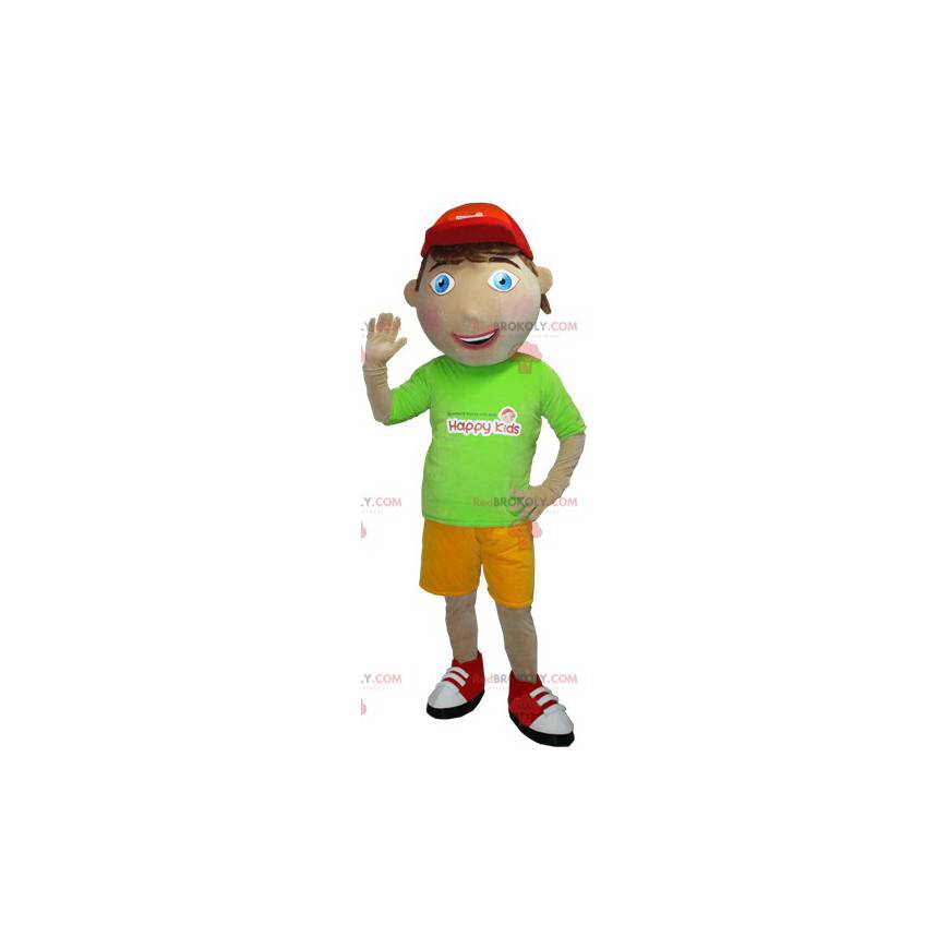 Mascote jovem com uma roupa verde e amarela - Redbrokoly.com