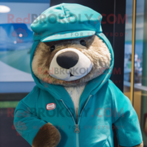 Teal Otter mascot costume character dressed with a Parka and Beanies