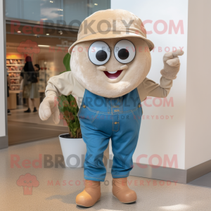 Tan Oyster mascot costume character dressed with a Denim Shorts and Mittens