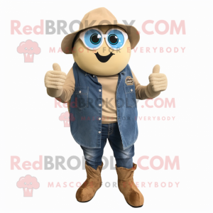 Tan Oyster mascot costume character dressed with a Denim Shorts and Mittens