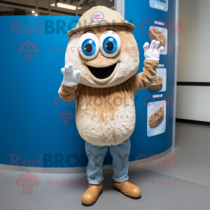 Tan Oyster mascot costume character dressed with a Denim Shorts and Mittens