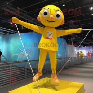 Yellow Tightrope Walker mascot costume character dressed with a Graphic Tee and Keychains