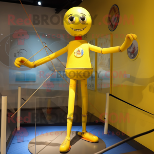 Yellow Tightrope Walker mascot costume character dressed with a Graphic Tee and Keychains