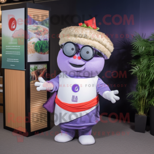 Lavender Sushi mascot costume character dressed with a Polo Tee and Reading glasses