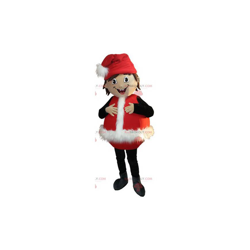 Menino mascote sorridente vestido de Papai Noel - Redbrokoly.com