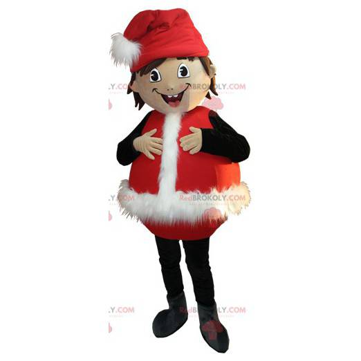 Menino mascote sorridente vestido de Papai Noel - Redbrokoly.com