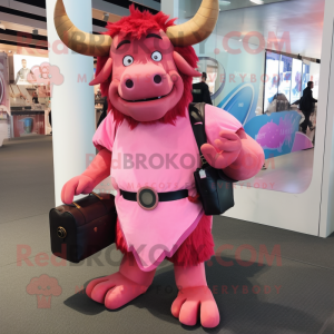 Pink Minotaur mascot costume character dressed with a Dress and Messenger bags