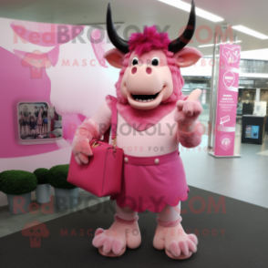 Pink Minotaur mascot costume character dressed with a Dress and Messenger bags