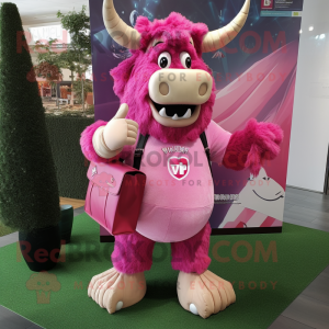 Pink Minotaur mascot costume character dressed with a Dress and Messenger bags