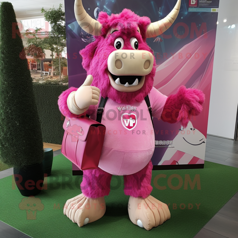 Pink Minotaur mascot costume character dressed with a Dress and Messenger bags Pink Minotaur mascot costume character dressed with a Dress and Messenger bags