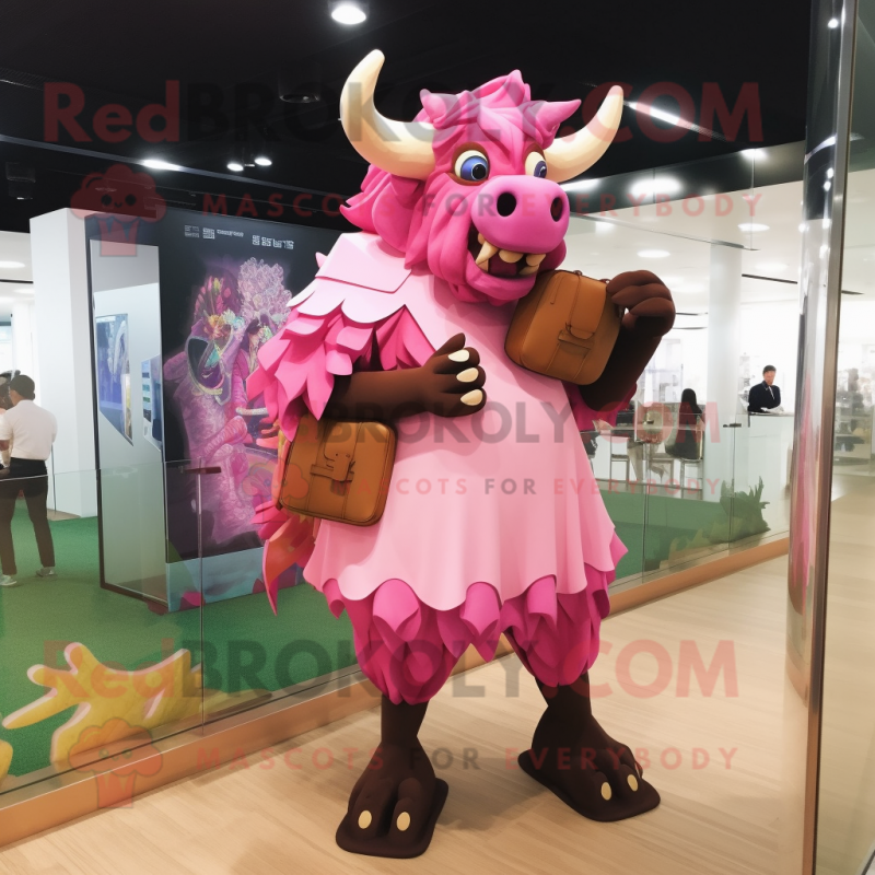 Pink Minotaur mascot costume character dressed with a Dress and Messenger bags Pink Minotaur mascot costume character dressed with a Dress and Messenger bags