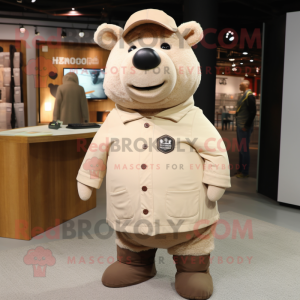 Beige Sow mascot costume character dressed with a Parka and Tie pins