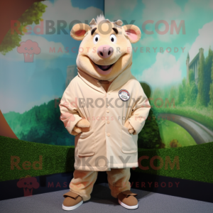 Beige Sow mascot costume character dressed with a Parka and Tie pins