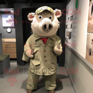 Beige Sow mascot costume character dressed with a Parka and Tie pins