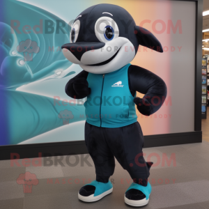 Teal Killer Whale mascot costume character dressed with a Running Shorts and Wallets