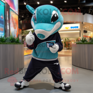 Teal Killer Whale mascot costume character dressed with a Running Shorts and Wallets