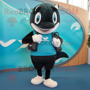 Teal Killer Whale mascot costume character dressed with a Running Shorts and Wallets