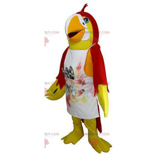 Gelbes und rotes Papageienmaskottchen mit einer Schürze -