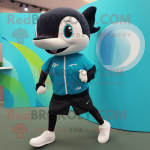 Teal Killer Whale mascot costume character dressed with a Running Shorts and Wallets