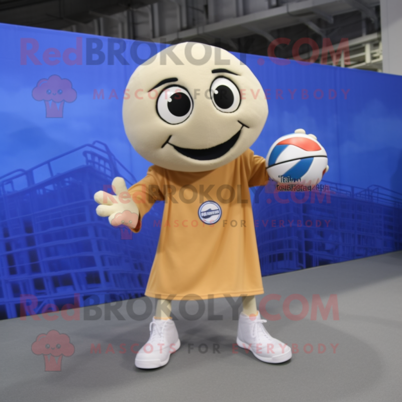 Beige Handball Ball mascot costume character dressed with a Long Sleeve Tee and Shoe clips