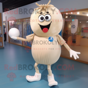 Beige Handball Ball mascot costume character dressed with a Long Sleeve Tee and Shoe clips