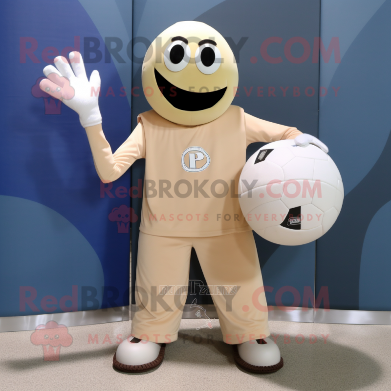 Beige Handball Ball mascot costume character dressed with a Long Sleeve Tee and Shoe clips