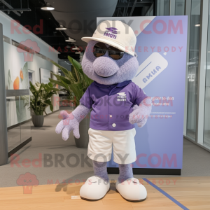 Lavender Momentum mascot costume character dressed with a Board Shorts and Berets