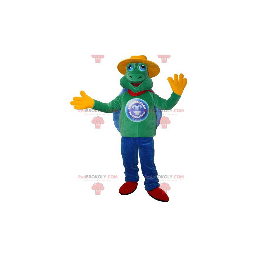 Mascote tartaruga verde e azul com chapéu amarelo -