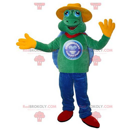 Mascote tartaruga verde e azul com chapéu amarelo -