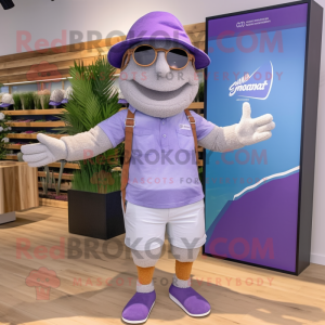Lavender Momentum mascot costume character dressed with a Board Shorts and Berets