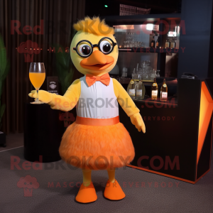 Orange Gosling mascot costume character dressed with a Cocktail Dress and Eyeglasses